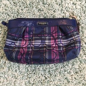 Plaid purple/dark blue coach wristlet purse